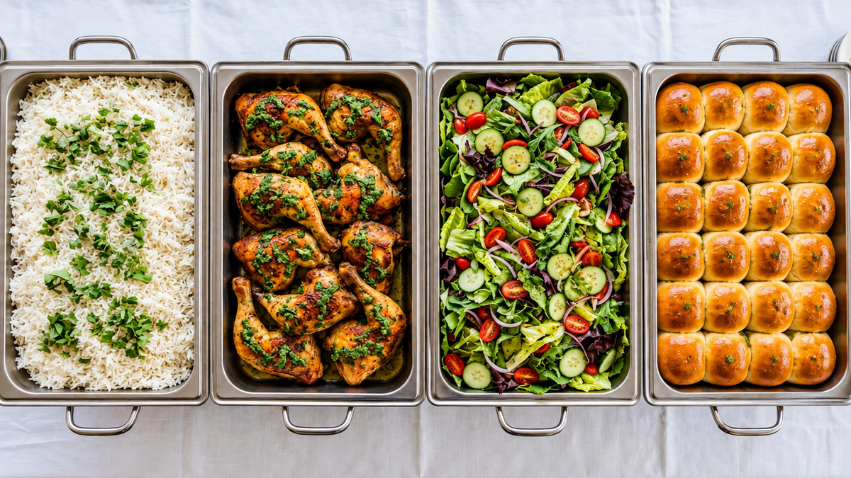 Four stainless steel buffet pans filled with a meal: white rice with parsley, chicken pieces with herbs, a green salad with cucumbers and tomatoes, and golden-brown dinner rolls, arranged on a white cloth over a wooden table.